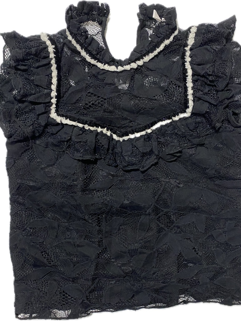 Zara Black Lace Ruffle Top with Cream Trim